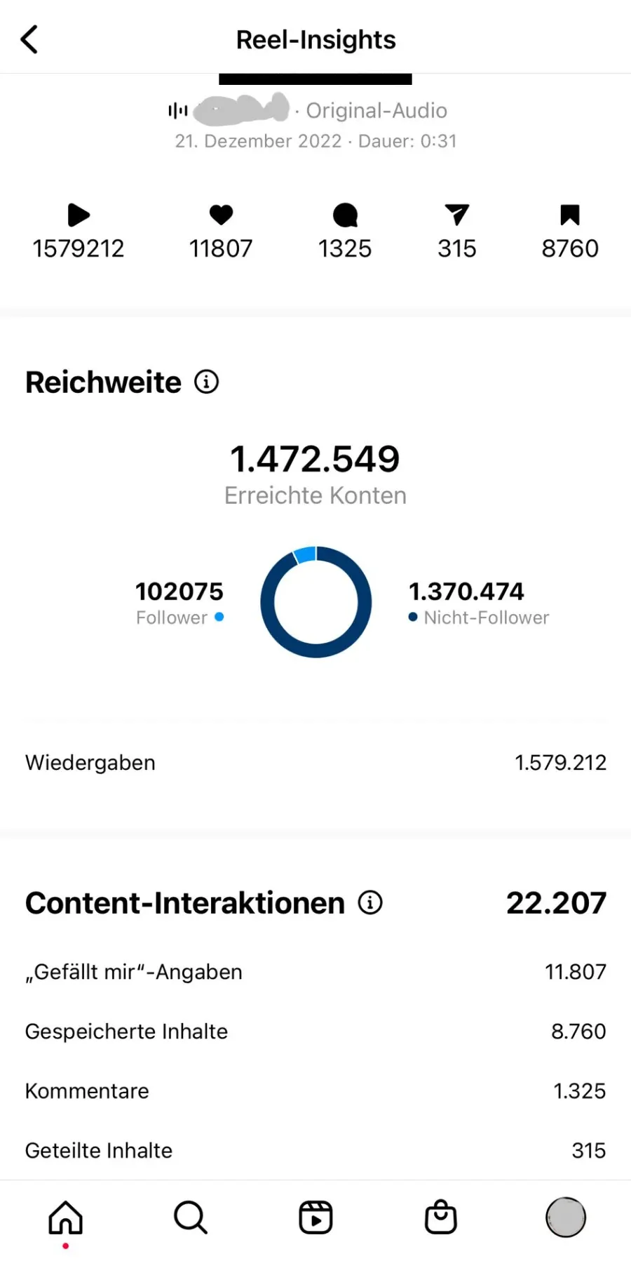 Reel-Insights eines Kunden-Clips mit rund 1,47 Millionen erreichten Konten