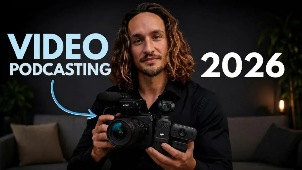 Video-Podcasting 2026, Creator hält eine Kamera und eine kleine Gimbal-Kamera für sein Video-Podcast-Setup