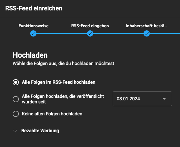 Auswahl, welche Folgen aus dem RSS-Feed hochgeladen werden