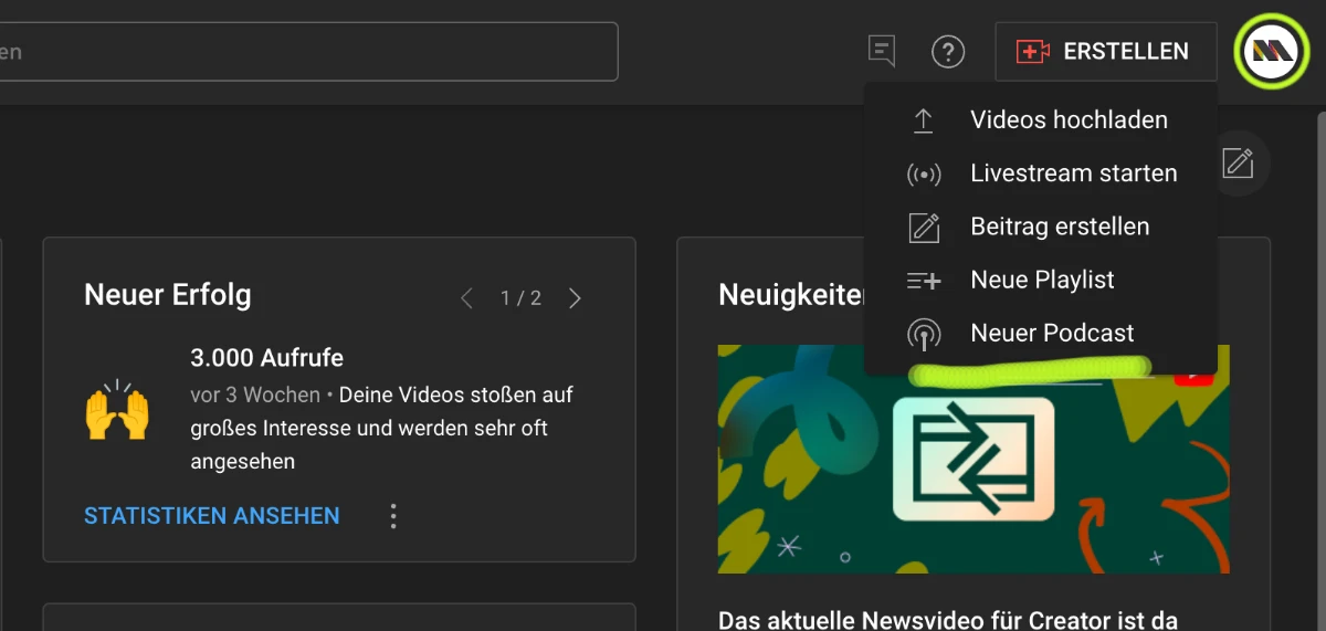 YouTube Studio, Menü Erstellen mit dem Eintrag Neuer Podcast