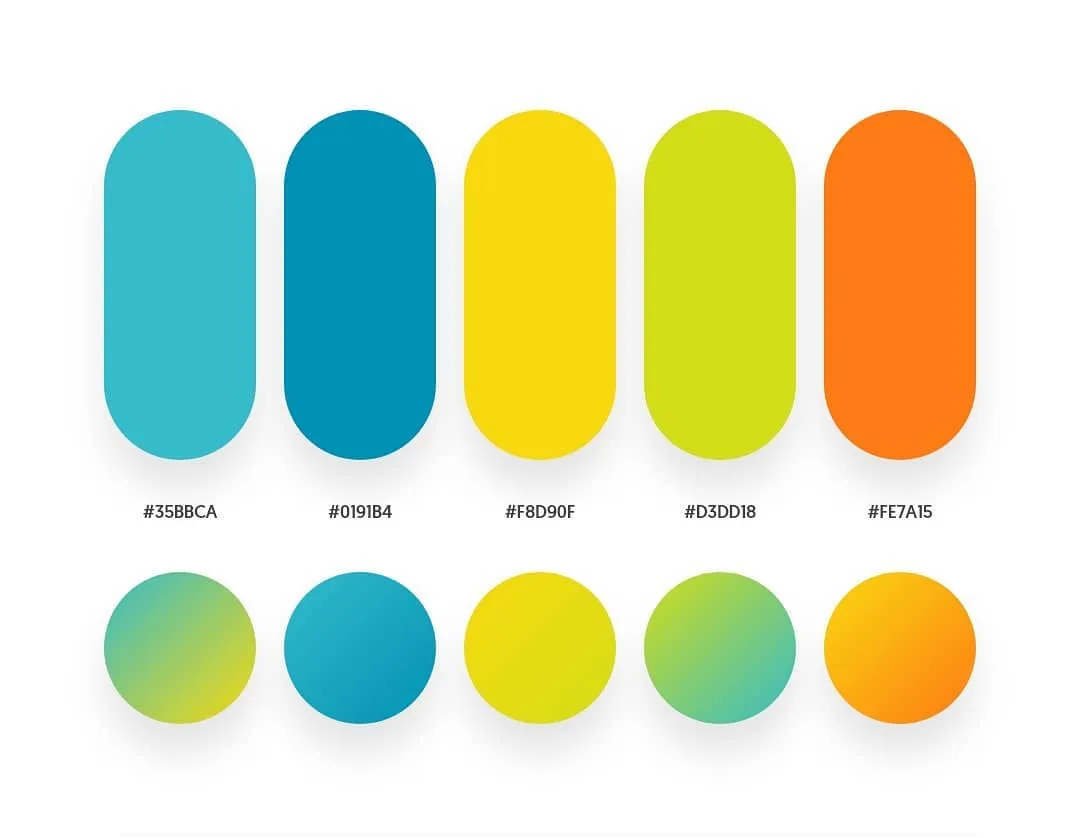Farbpalette mit Türkis, Blau, Gelb, Grün und Orange als Inspiration für ein Podcast-Cover